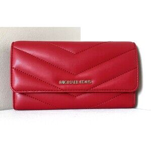 New Michael Kors Jet Set Travel Large Trifold Wallet Leather Quilted Bright Red
